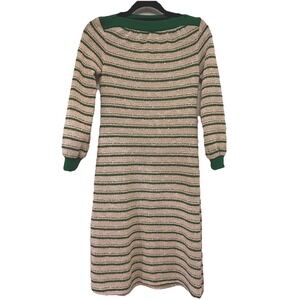 Vtg 1970 Jerell of Texas Green Beige Metallic Striped Sweater Sheath Dress Sz 5